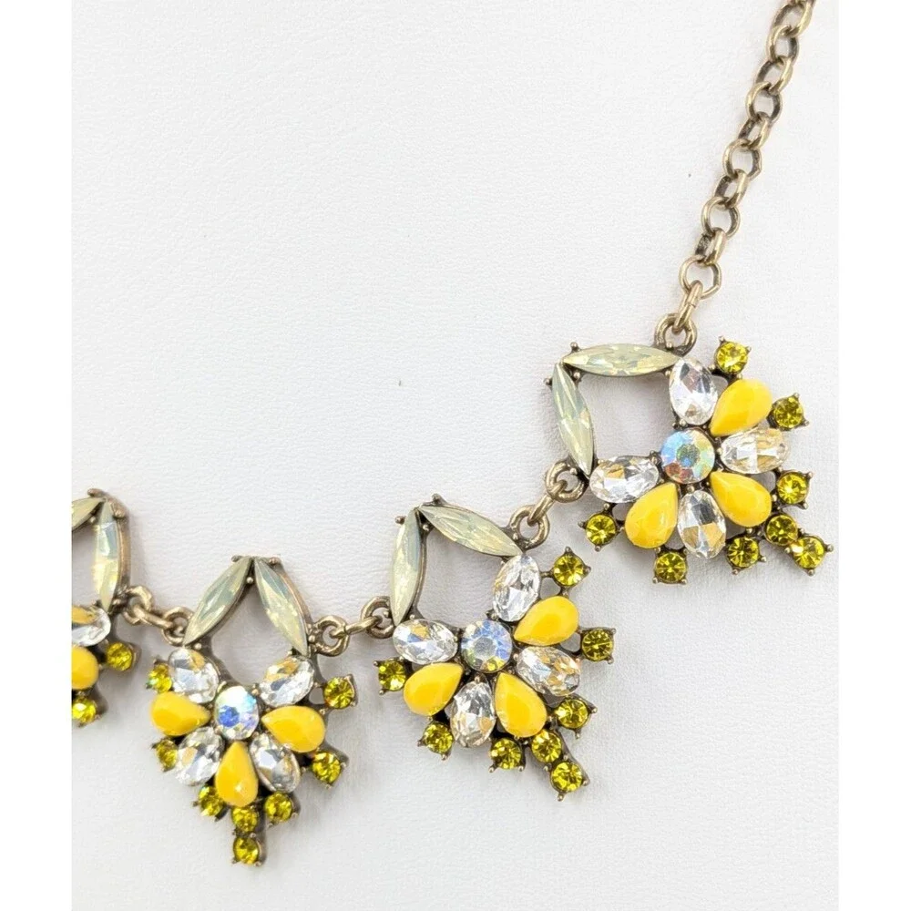 LOFT Statement Necklace Yellow Green Rhinestone Floral Gold Tone Resin 19 Inch